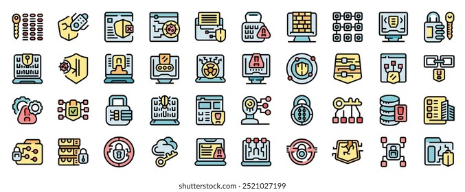 Ícones de segurança cibernética e criptografia de dados definidos. Conjunto de tópicos de segurança cibernética e ícones de vetor de criptografia de dados para web design isolado em fundo branco