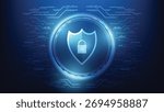 cyber security and data network protection. digital pad lock and shield on blue hi tech circuit board background