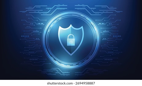 segurança cibernética e proteção de rede de dados. bloqueio digital pad e escudo no fundo da placa de circuito azul hi tech