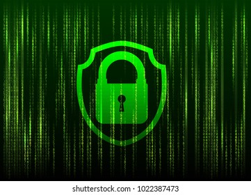 Cyber security data privacy protection  information in network and Internet concept with icon of a lock and shield over binary matrix digits background. Hacker attack protection, antivirus software