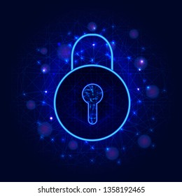 Cyber security and data privacy protection concept with padlock icon on abstract blue polygonal background. Secure access with authentication, authorization, identification system. Vector illustration
