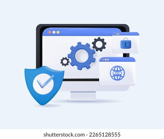 Ilustración vectorial del concepto de protección de datos de ciberseguridad 3D. Regulación de la privacidad de datos personales, protocolo de ciberseguridad, ley de seguridad de la información, protección contra la metáfora abstracta de ciberataques