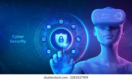 Ciberseguridad. Protección de datos, antivirus, concepto de tecnología segura en pantalla virtual. Niña con gafas de auriculares VR tocando la interfaz digital con icono protector de escudo. Ilustración vectorial.