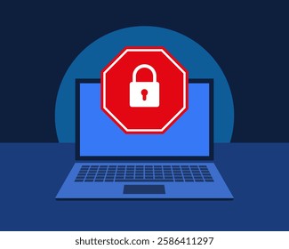 Cyber security, data protection or antivirus protection concept. Laptop computer screen with red warning sign and safety lock or padlock. Vector illustration.