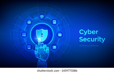 Cyber Security. Data protection business concept on virtual screen. Shield protect icon. Internet privacy and safety. Antivirus interface. Robotic hand touching digital interface. Vector illustration.