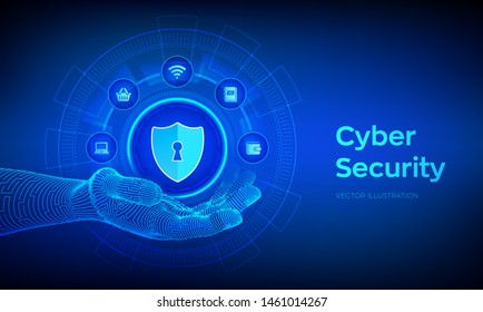 Cyber Security. Data protection business concept on virtual screen. Shield protect icon in robotic hand. Antivirus interface. Robotic hand touching digital interface. Vector illustration.