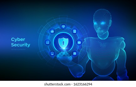 Cyber Security. Data protection business concept on virtual screen. Shield protect icon. Internet privacy and safety. Antivirus. Wireframed cyborg hand touching digital interface. Vector illustration.