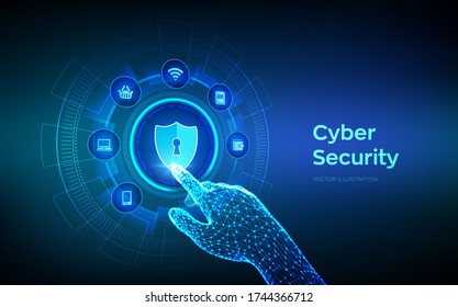 Cyber Security. Data protection business concept on virtual screen. Shield protect icon. Internet privacy and safety. Antivirus interface. Robotic hand touching digital interface. Vector illustration.