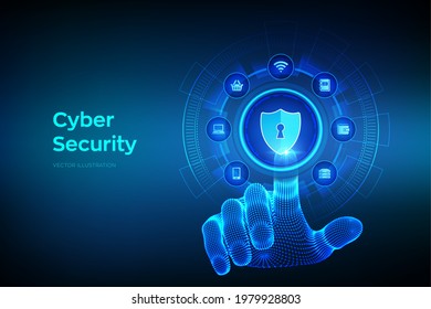 Cyber Security. Data protection business concept on virtual screen. Shield protect icon. Internet privacy and safety. Antivirus interface. Robotic hand touching digital interface. Vector illustration.