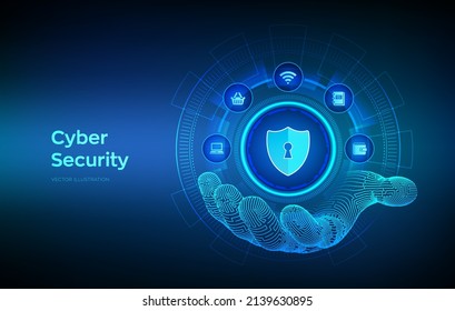 Cyber Security. Data protection business concept on virtual screen. Shield protect icon in wireframe robotic hand. Antivirus interface. Vector illustration.