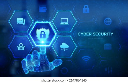 Cyber Security. Data protection business concept on virtual screen. Shield protect icon. Internet privacy safety. Antivirus interface. Wireframe hand touching digital interface. Vector illustration.