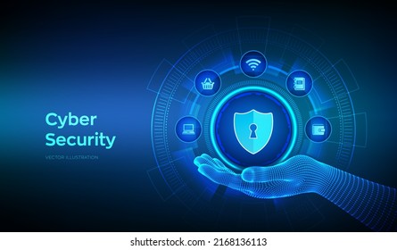 Cyber Security. Data protection business concept on virtual screen. Shield protect icon in robotic hand. Antivirus interface. Wireframe hand touching digital interface. Vector illustration.