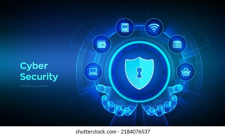 Cyber Security. Data protection business concept on virtual screen. Shield protect icon in wireframe robotic hands. Antivirus interface. Vector illustration.