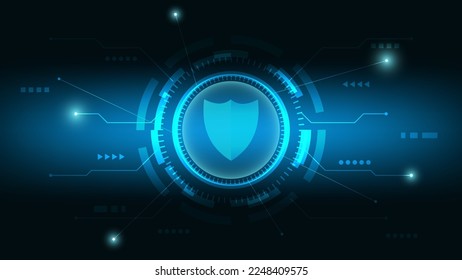 cyber security and data protection concept. shield with hi tech circle and futuristic line on blue lighting background