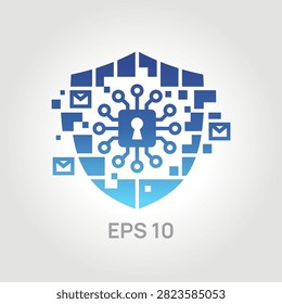 Cyber security and data protection concept. Digital shield icon with CPU keyhole and secure email symbols.