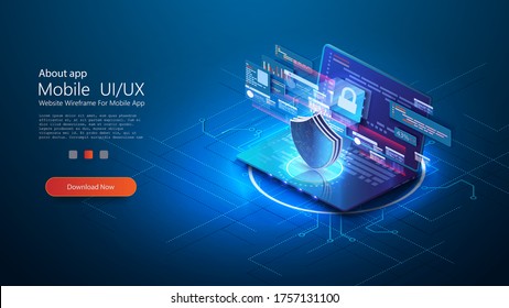 Cyber Security, Data Protection, Cyberattacks Concept On Blue Background. Database Security Software Development. ID Theft, Hacking Crime, Computer Malware. Landing UI/UX Page Template. Isometric