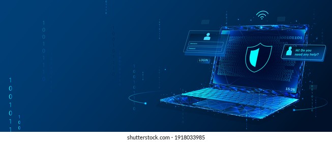 Cyber security, data protection, cyberattacks concept on blue background. Database security software development. Online security concept. Laptop protected with shield. Vector illustration