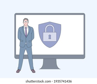 Cyber security, data protection, cyberattacks concept. Personal digital security. Defence, protection from hackers, scammers flat vector illustration.