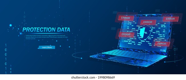 Cybersicherheit, Datenschutz, Cyberattacke-Konzept auf blauem Hintergrund. Entwicklung von Datenbanksicherheitssoftware. Online-Sicherheitskonzept. Laptop geschützt mit Schild. Vektorgrafik