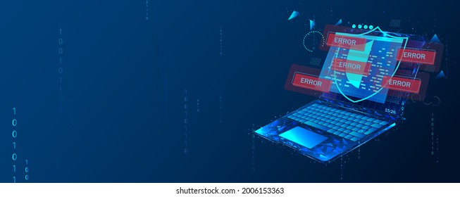 Cyber security, data protection, cyberattacks concept on blue background. Database security software development. Online security concept. Laptop protected with shield. Vector illustration