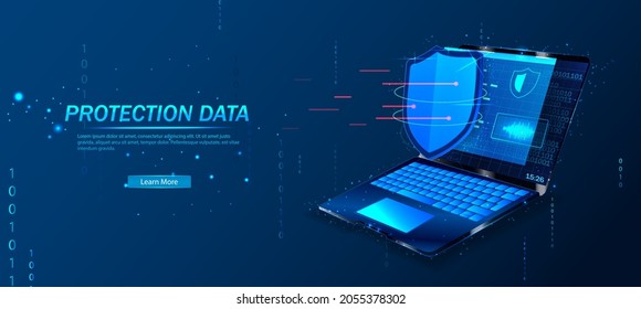 Cyber security, data protection, cyberattacks concept on blue background. Database security software development. Online security concept. Laptop protected with shield. Vector illustration