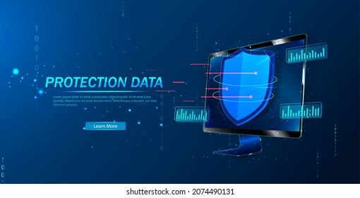 Cybersicherheit, Datenschutz, Cyberattacke-Konzept auf blauem Hintergrund. Entwicklung von Datenbanksicherheitssoftware. Online-Sicherheitskonzept. Laptop geschützt mit Schild. Vektorgrafik