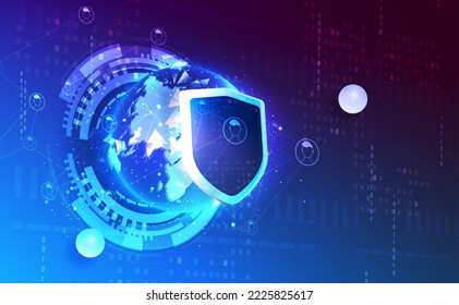 Cyber security, data protection, cyberattacks concept on blue background. Database security software development. Online security concept. Earth protected with shield. Vector illustration