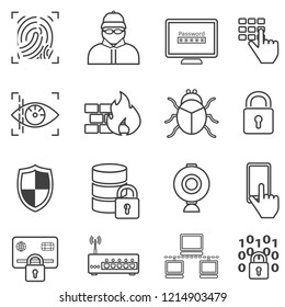 Cyber security, data protection, hacker and malware line web icon set