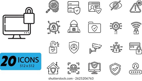 Conjunto de íconos de seguridad cibernética y protección de datos: 20 Ilustraciones vectoriales esquemáticas que representan la seguridad digital