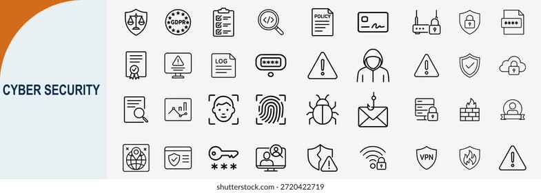 Conjunto de iconos de seguridad cibernética y protección de datos Seguridad de la red Arte de línea mínimo