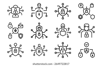 Ícones de segurança cibernética e proteção de dados que ilustram a segurança digital e a conectividade segura