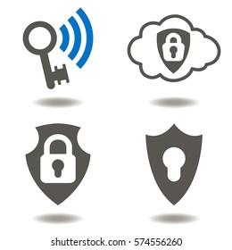 Cyber security data protection insurance business web access vector icon set. Shield, lock, key wifi, cloud illustration. Safety computer of information from virus cyber digital internet technology