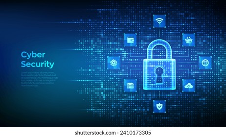 Cybersicherheit. Datenschutz. Konzept der Internet-Netzsicherheit Padlock. Sperrsymbol. Verbindungen zu Symbolen für Cybersicherheit. Digitaler binärer Code-Hintergrund mit Ziffern 1.0. Vektorgrafik.