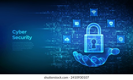 Cyber security. Data Protection. Internet network security technology concept. Padlock. Lock icon in wireframe hand. Cybersecurity icons connections. Binary code background. Vector Illustration.