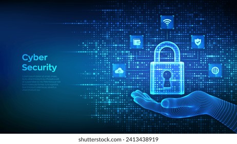 Cyber security. Data Protection. Internet network security technology concept. Padlock. Lock icon in wireframe hand. Cybersecurity icons connections. Binary code background. Vector Illustration.