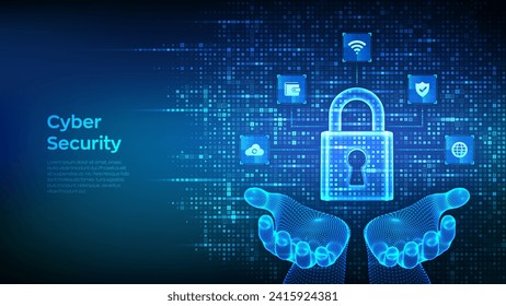 Cyber security. Data Protection. Internet network security technology concept. Padlock. Lock icon in wireframe hands. Cybersecurity icons connections. Binary code background. Vector Illustration.