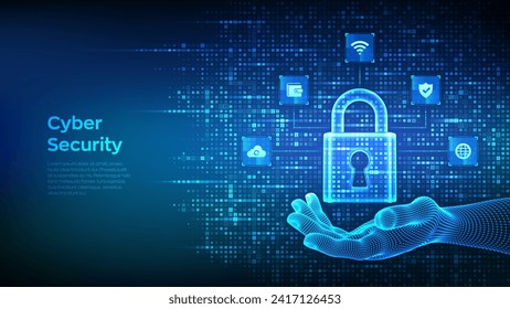 Cyber security. Data Protection. Internet network security technology concept. Padlock. Lock icon in wireframe hand. Cybersecurity icons connections. Binary code background. Vector Illustration.