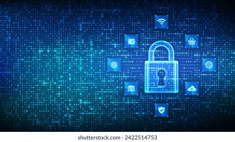 Ciberseguridad. Protección de datos. Concepto de tecnología de seguridad de redes de Internet. Padlock. Icono de bloqueo. Conexiones de iconos de ciberseguridad. Fondo de código binario digital con dígitos 1.0. Ilustración vectorial.