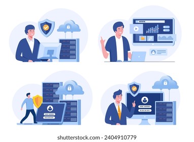 Cyber security, Data protection metaphors set. Database, cyber security, control, protection of computer services. Vector isolated concept illustrations