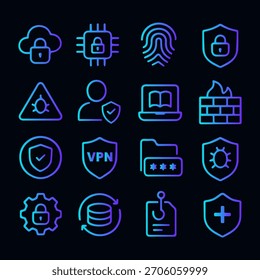 Cyber Security and Data Protection Neon Gradient Icon Set Vetor, Modern Network, Privacidade, Firewall, VPN e Antivirus Symbols Collection for Technology Design