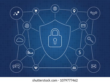 Cyber security, data protection, network security, data safety, social media protection concept. A shield with padlock connected social media, business icons. Editable and layered design.