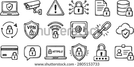Cyber security and data protection network icons doodle including vpn, lock, cloud security, and firewall.