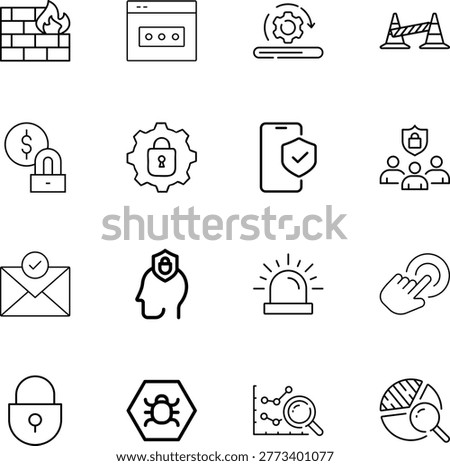 cyber security data protection online safety icon set, firewall, padlock, bug, shield