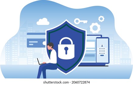 Cyber security and data protection privacy, PDPA concept. Businessman secure data management and protect data from hacker attacks and padlock icon to internet technology networking vector illustration