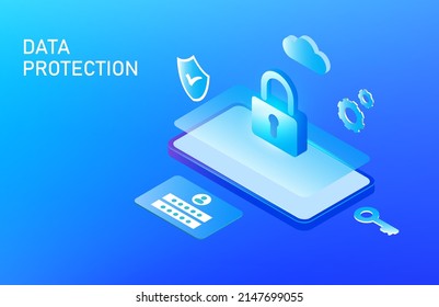 Cyber Security And Data Protection Privacy Concept. Secure Data Management And Protect Data From Hacker Attacks And Padlock Icon To Internet Technology Networking Vector Illustration