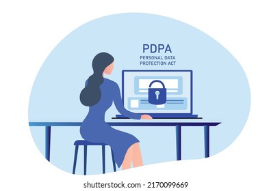 Seguridad cibernética y protección de datos, privacidad, PDPA Empresaria aseguran la gestión de datos y protegen los datos de ataques de hackers e icono de candado a redes de redes de tecnología de internet ilustración vectorial