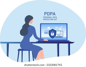 Cybersicherheit und Datenschutz, PDPA Geschäftsfrau Sicheres Datenmanagement und Schutz von Daten vor Hacker-Angriffen und Padlock-Icon auf Internet-Technologie-Vernetzung Vektorgrafik
