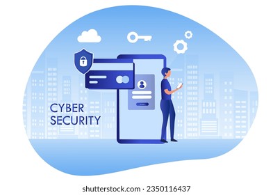 Cyber security and data protection privacy, PDPA concept. Businessman secure data management and protect data from hacker attacks and padlock icon to internet technology networking vector illustration