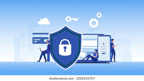 Cyber security and data protection privacy, PDPA concept. Businessman secure data management and protect data from hacker attacks and padlock icon to internet technology networking vector illustration