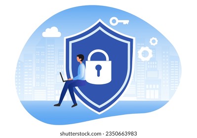 Cyber security and data protection privacy, PDPA concept. Businessman secure data management and protect data from hacker attacks and padlock icon to internet technology networking vector illustration